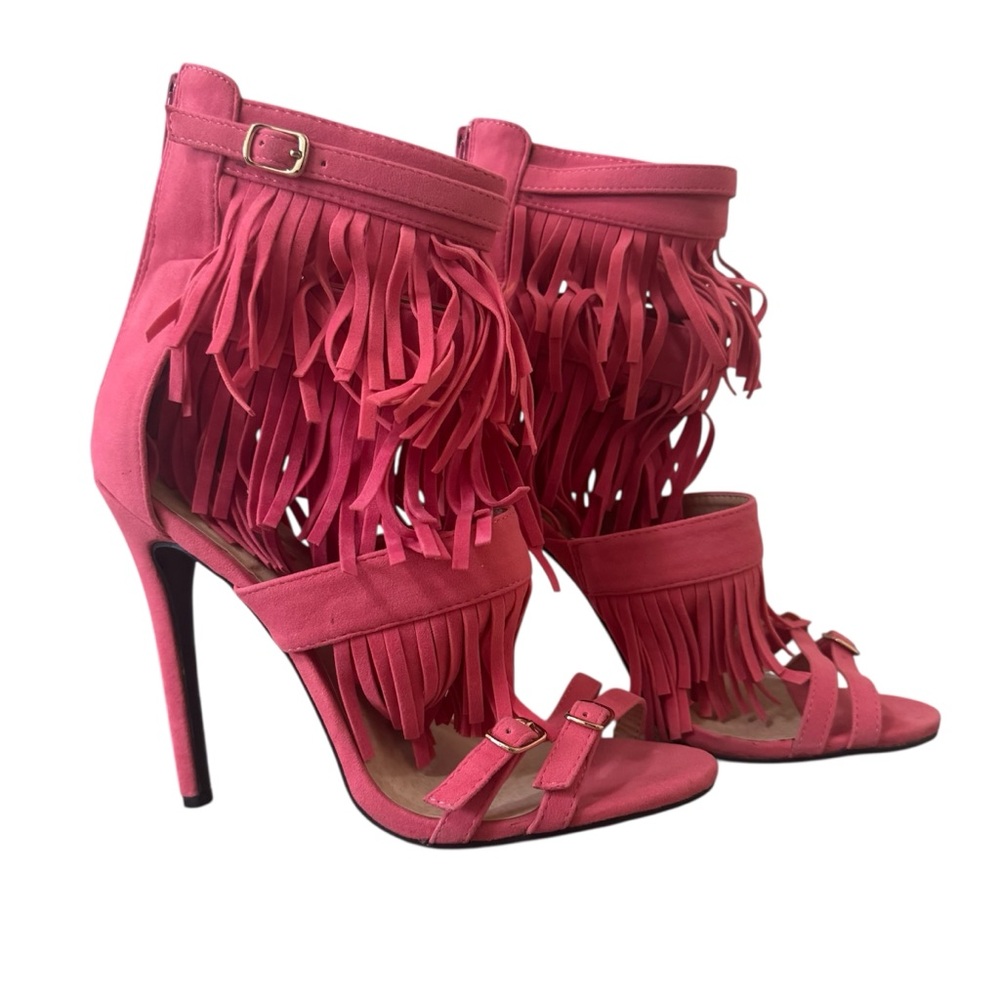 ALBA Kiki Pink Faux Suede Layering Fringe Strap Heels Size 7